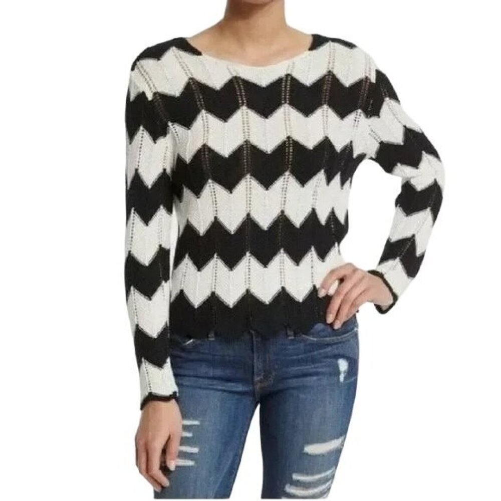FRAME Womens Black White Le Crochet Zigzag Chevron Open Knit Sweater Size Small